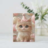 Hübsch Kitten Birthday Hat Cake Balloons Postkarte (Stehend Vorderseite)