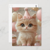 Hübsch Kitten Birthday Hat Cake Balloons Postkarte (Vorne/Hinten)