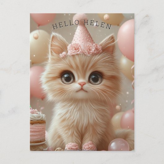 Hübsch Kitten Birthday Hat Cake Balloons Postkarte (Vorderseite)