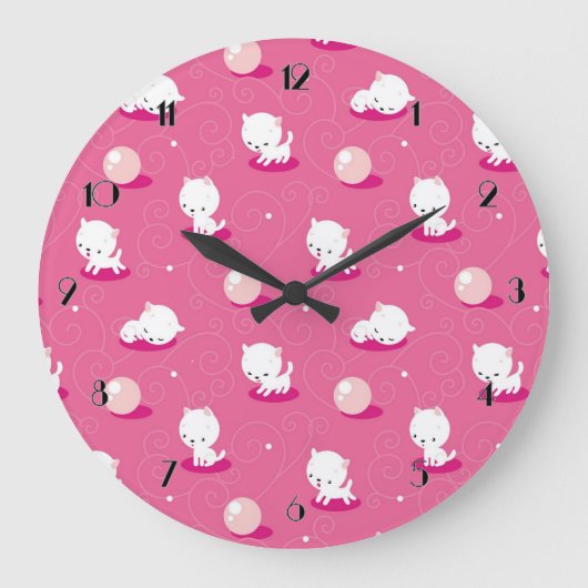 Hübsch Kitty Pink Kittens Pattern Wall Clock Große Wanduhr (Vorderseite)