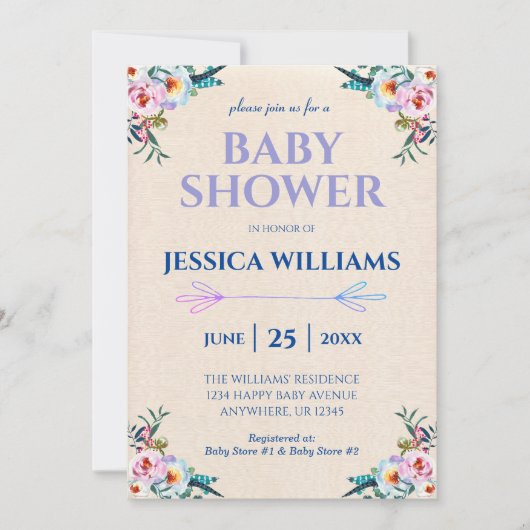 Hübsch Lavendel Pastel Boho Floral Baby Dusche Einladung (Vorderseite)
