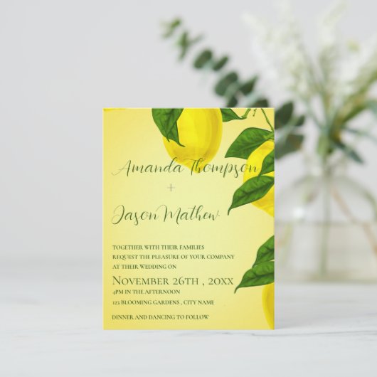 Hübsch Lemon Bright Yellow Citrus Hochzeit Einladung (Stehend Vorderseite)