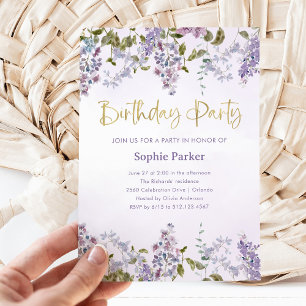 Hübsch Lila Lilac Gold Script Birthday Party Einladung