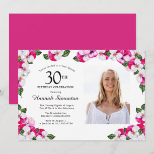 Hübsch Magenta Pink Weißes Foto 30. Geburtstag Einladung