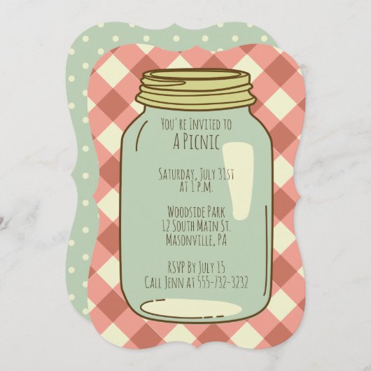 Hübsch Mason Jar Picnic Party Invite Gingham Einladung (Vorne/Hinten)