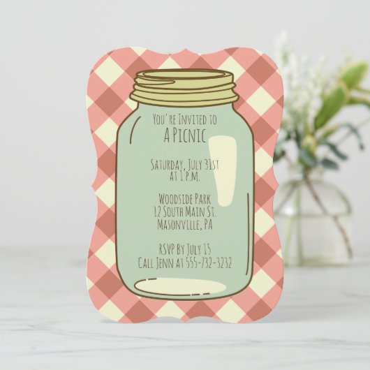 Hübsch Mason Jar Picnic Party Invite Gingham Einladung (Stehend Vorderseite)