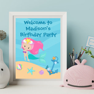 Hübsch Mermaid Girl Custom Kindergeburtstag Party Poster