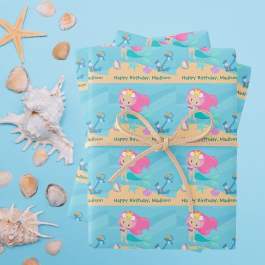 Hübsch Mermaid Girl Personalisiert Beach Geburtsta Geschenkpapier Set