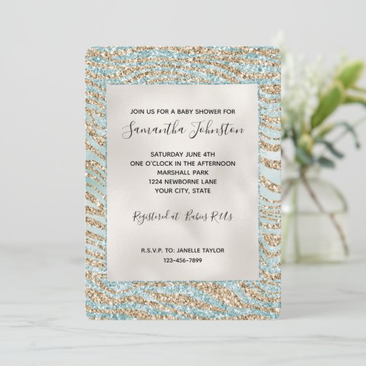 Hübsch Mint Glitzy Gold Zebra Glitzer Einladung (Stehend Vorderseite)