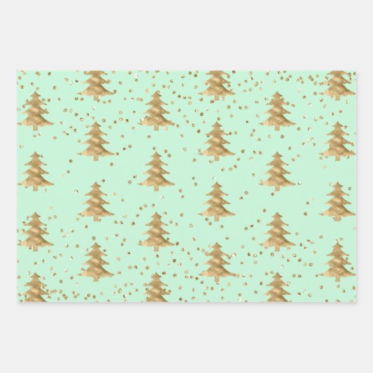 Hübsch Mint Green Gold Weihnachtsbaum Geschenkpapier Set (Vorderseite)
