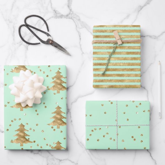 Hübsch Mint Green Gold Weihnachtsbaum Geschenkpapier Set (Vorderseite)