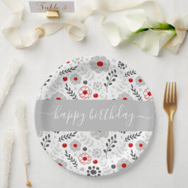 Hübsch Moderne Blume Rot und Grau Geburtstag Pappteller