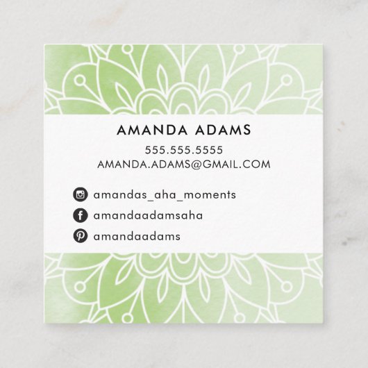 HÜBSCH MONOGRAM Modernes boho mandala Muster grün Quadratische Visitenkarte (Rückseite)