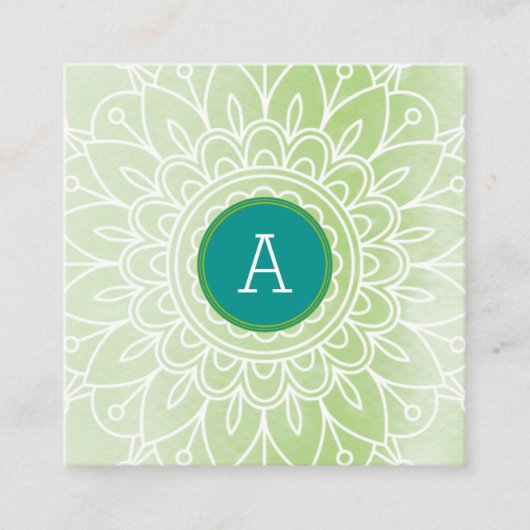 HÜBSCH MONOGRAM Modernes boho mandala Muster grün Quadratische Visitenkarte (Vorderseite)