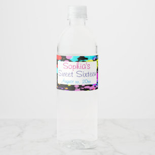 Hübsch, Neon Paint Spritzer, 16 . Geburtstag, Cust Wasserflaschenetikett