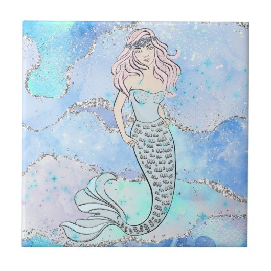 Hübsch Ocean Mermaid Blue Silver Glitzer Design Fliese (Vorderseite)