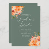 Hübsch Orange Floral Elegante Grüne Hochzeit Einladung (Vorne/Hinten)