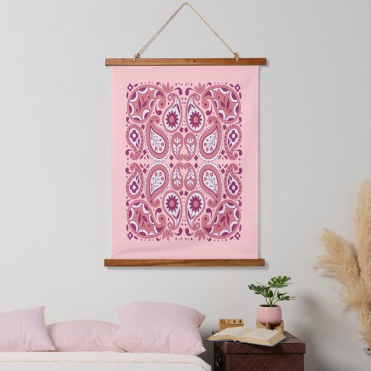 Hübsch Paisley Abstrakte Muster Farbtöne in Rosa Wandteppich Mit Holzrahmen (Schlafzimmer)