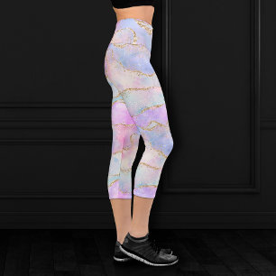 Hübsch Pastel Agate   Gold Glitzer Vein Watercolor Capri Leggings