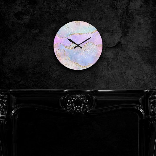 Hübsch Pastel Agate | Gold Glitzer Vein Watercolor Runde Wanduhr