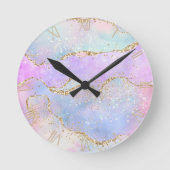 Hübsch Pastel Agate | Gold Glitzer Vein Watercolor Runde Wanduhr (Vorderseite)
