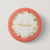 Hübsch Peach Polka Dot Floral Name und Monogramm Button (Vorderseite)