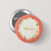 Hübsch Peach Polka Dot Floral Name und Monogramm Button (Vorne & Hinten)