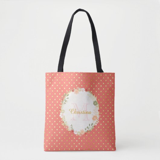 Hübsch Peach Polka Dot Floral Name und Monogramm Tasche (Vorderseite)