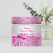 Hübsch Pearl Bow Lace Pink Silver Sweet 16 Einladung (Stehend Vorderseite)