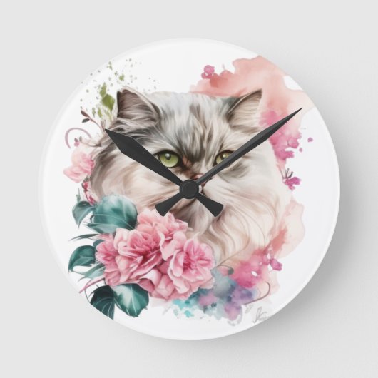 HÜBSCH PERSIAN CAT-FELD MIT PINK-BLUME RUNDE WANDUHR (Vorderseite)