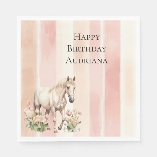 Hübsch Pfirsichrosa Creme Streifen Birthday Serviette (Vorderseite)