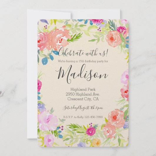 Hübsch Pfirsichrosa Wasserfarbe Blumengeburt Einladung (Vorderseite)