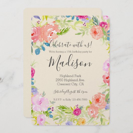 Hübsch Pfirsichrosa Wasserfarbe Blumengeburt Einladung (Vorne/Hinten)