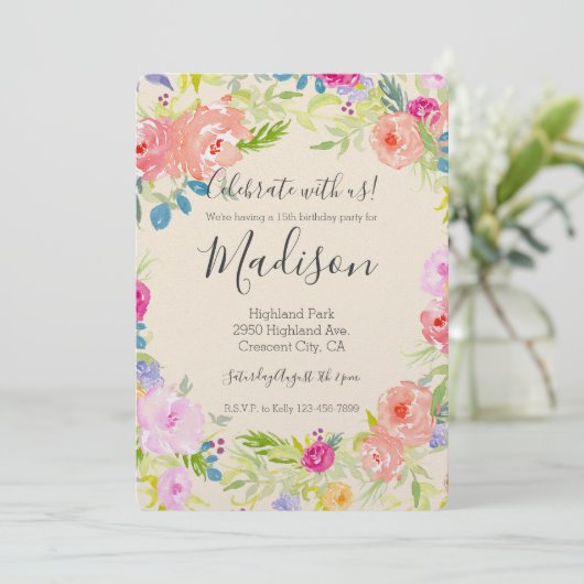 Hübsch Pfirsichrosa Wasserfarbe Blumengeburt Einladung (Stehend Vorderseite)