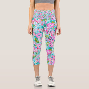 Hübsch Pink Aqua Blue Chic Trendy Pastor Floral Capri Leggings