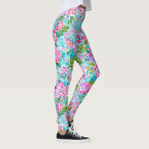 Hübsch Pink Aqua Blue Chic Trendy Pastor Floral Leggings