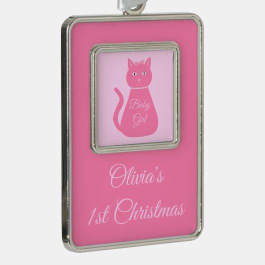 Hübsch Pink Baby Girl Cat Custom 1. Weihnachten Rahmen-Ornament Silber (Rechts)