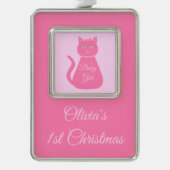 Hübsch Pink Baby Girl Cat Custom 1. Weihnachten Rahmen-Ornament Silber (Vorderseite)