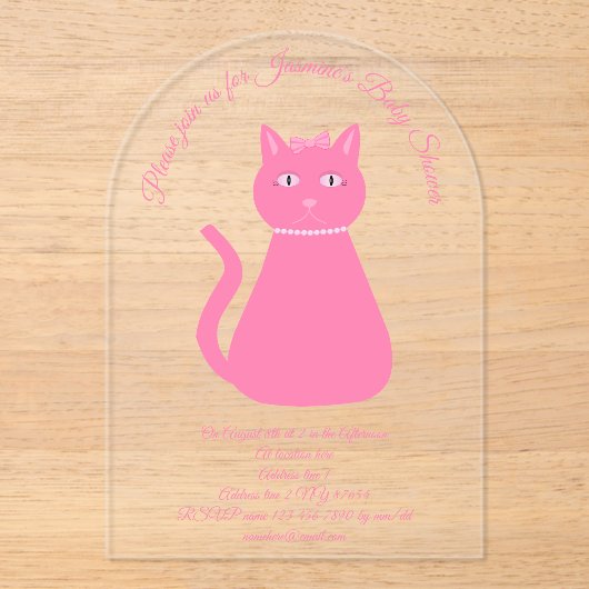 Hübsch Pink Baby Girl Cat Custom Baby Dusche Acryleinladungen (Vorderseite)