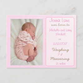 Hübsch Pink Baby Girl Geburtsankündigung Postkarte