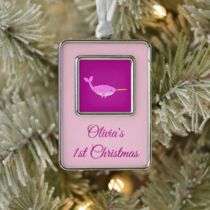 Hübsch Pink Baby Girl Narwhal 1. Weihnachtsnachtsn Rahmen-Ornament Silber