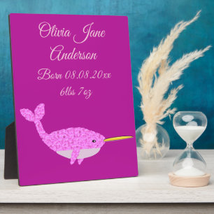 Hübsch Pink Baby Girl Narwhal Geburtserklärung Fotoplatte