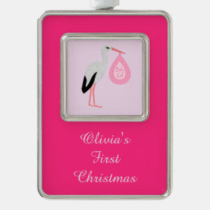 Hübsch Pink Baby Girl Storch Erste Weihnachtsfeier Rahmen-Ornament Silber