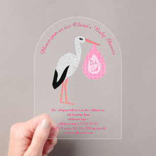 Hübsch Pink Baby Girl Stork Custom Baby Dusche Acryleinladungen