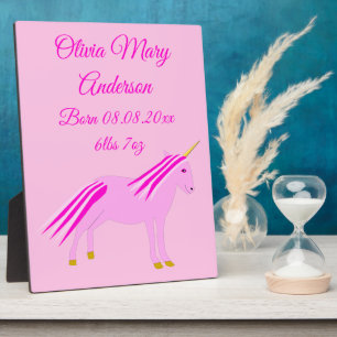 Hübsch Pink Baby Girl Unicorn Geburtsankündigung Fotoplatte