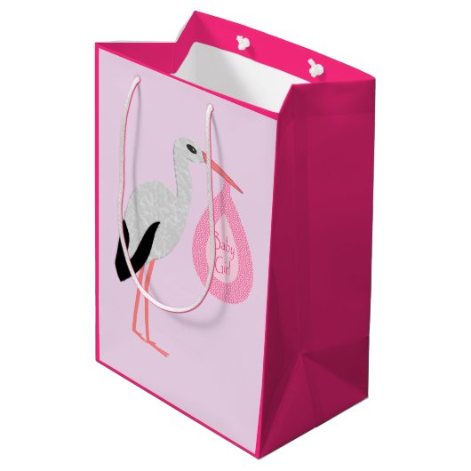 Hübsch Pink Baby Storch Mittlere Geschenktüte (Rückseite Schrägansicht)