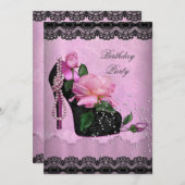Hübsch Pink Birthday Party Rose Hi Heel Black Lace Einladung (Vorne/Hinten)