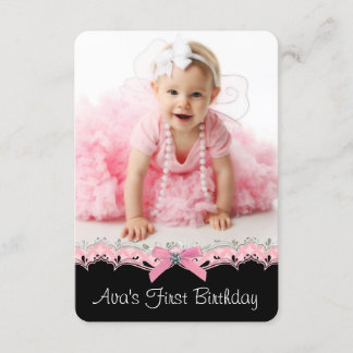Hübsch Pink Black Girls Foto 1. Geburtstag Party Einladung