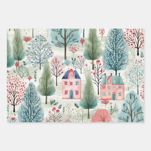 Hübsch Pink Blue Green Village Trees Geschenkpapier Set (Vorderseite 2)
