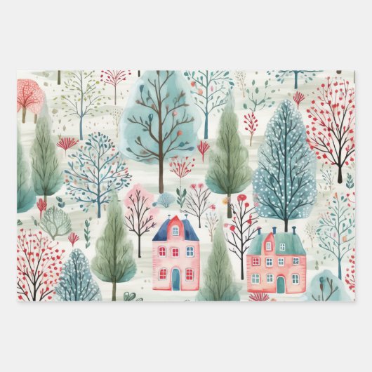 Hübsch Pink Blue Green Village Trees Geschenkpapier Set (Vorderseite)